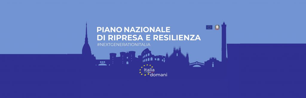 Piano nazionale di ripresa e resilienza #Nextgenerationitalia Italia domani; stemma dell'Unione Europea e logo della Repubblica
